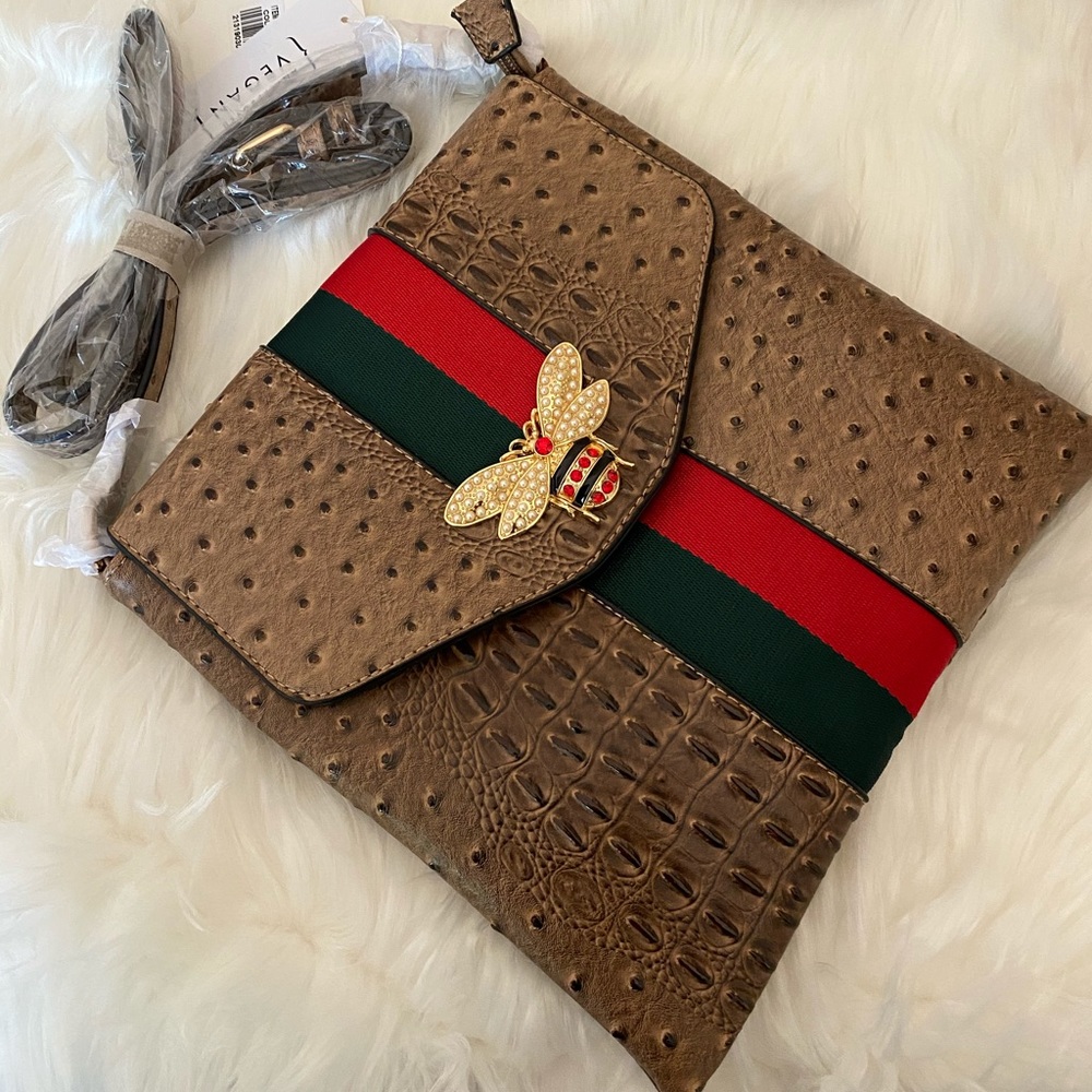 Bee Charm Striped Ostrich Crossbody